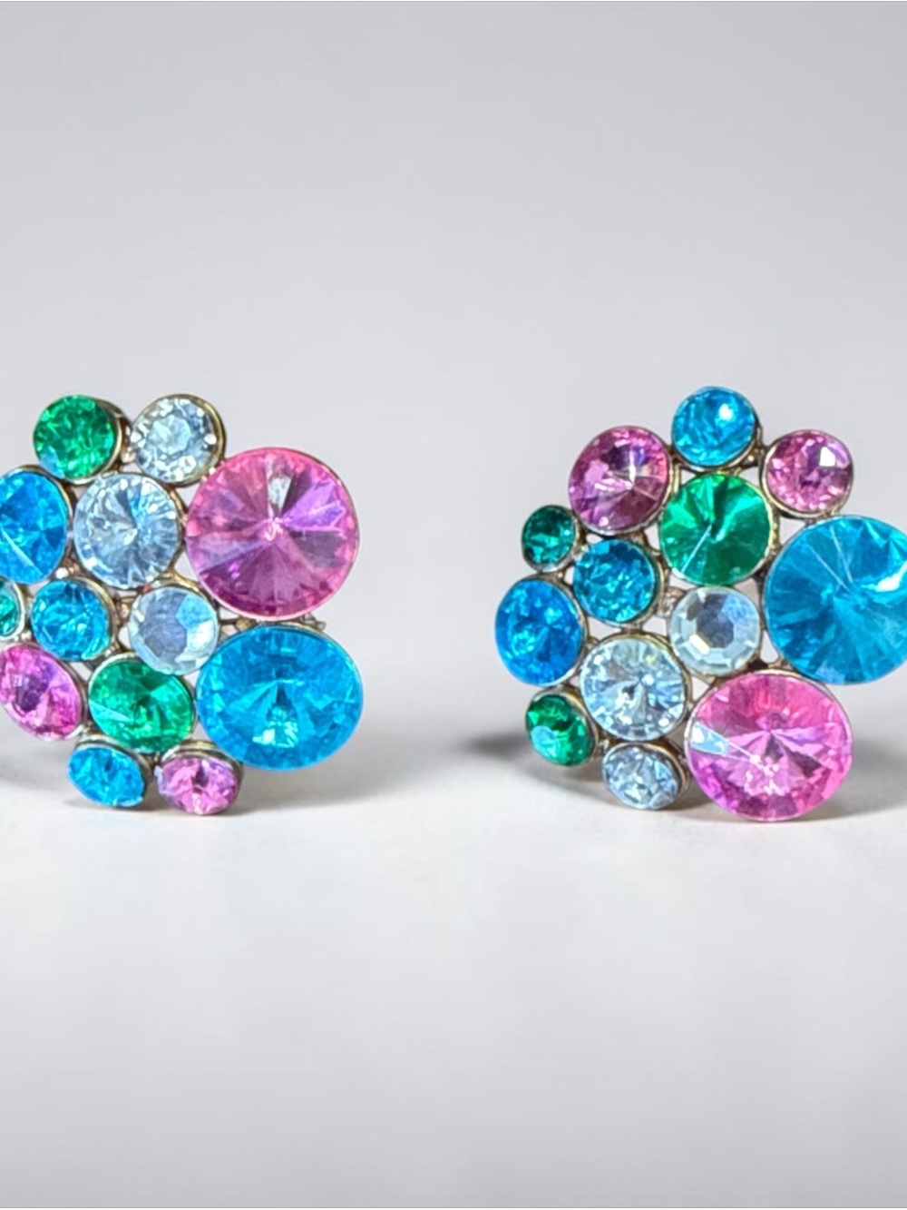 Vintage Multicolor Rhinestone Cluster Clip On Earrings 80s Chunky Statement